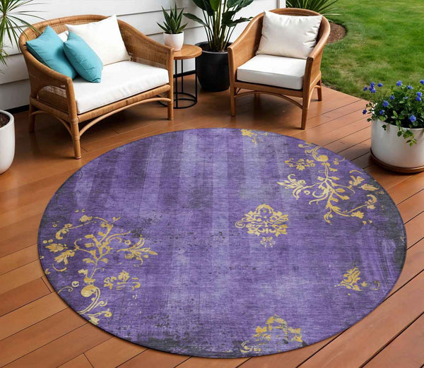8' Purple And Gold Round Floral Washable Indoor Outdoor Area Rug