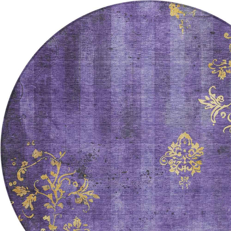 8' Purple And Gold Round Floral Washable Indoor Outdoor Area Rug