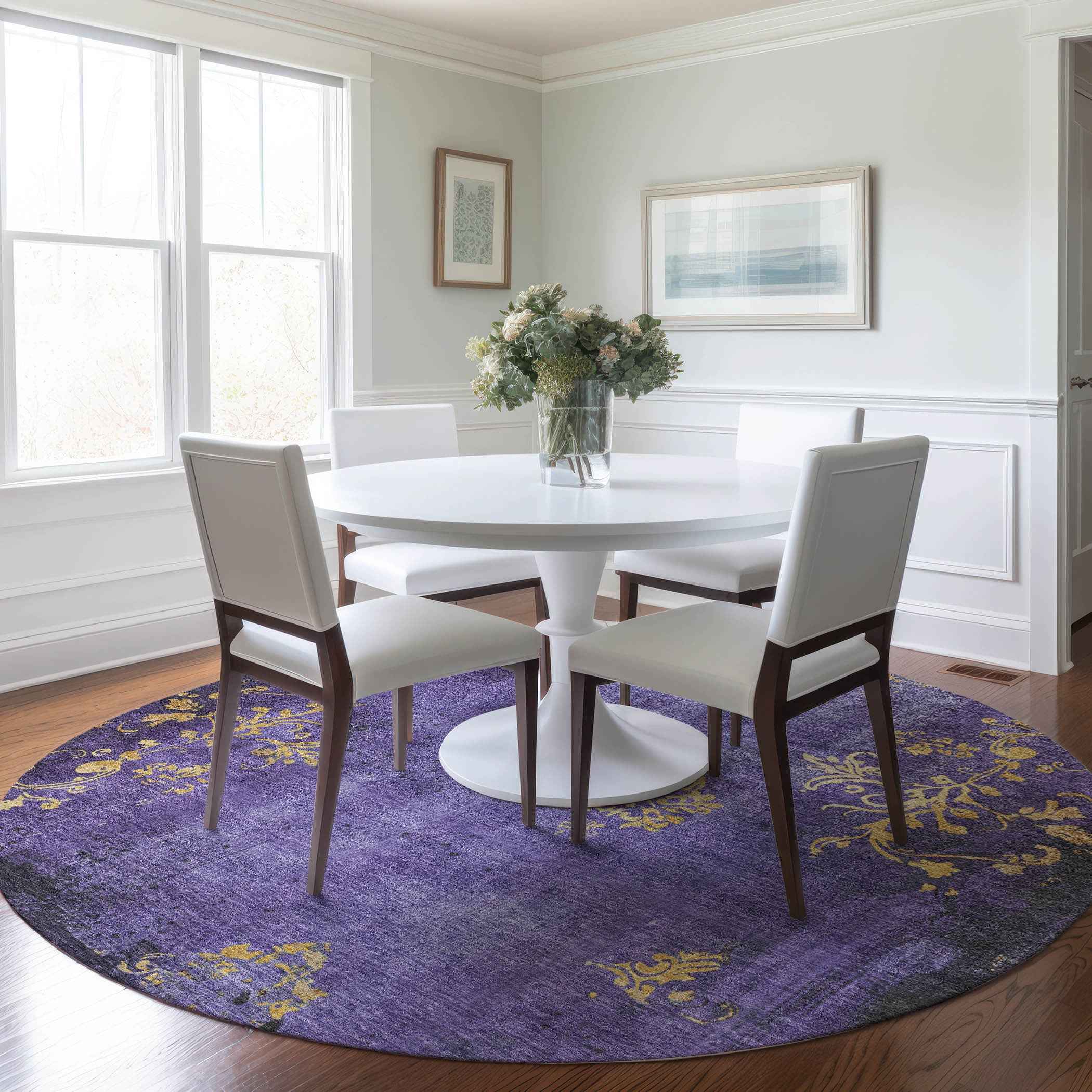 8' Purple And Gold Round Floral Washable Indoor Outdoor Area Rug