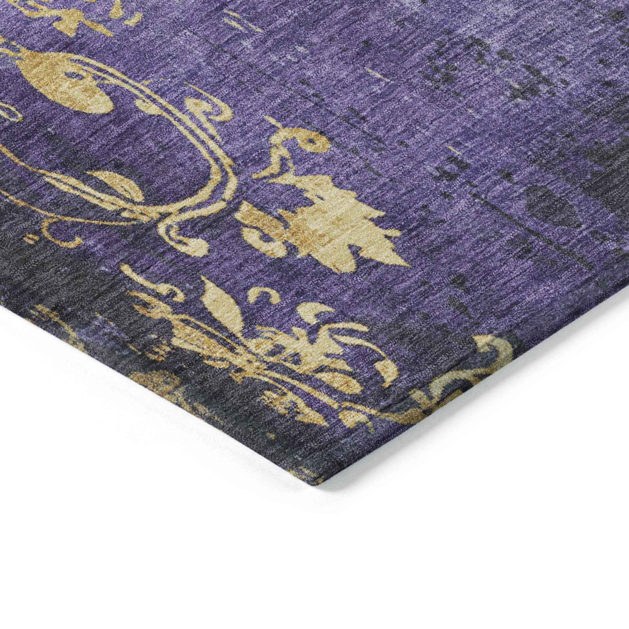 8' Purple And Gold Round Floral Washable Indoor Outdoor Area Rug