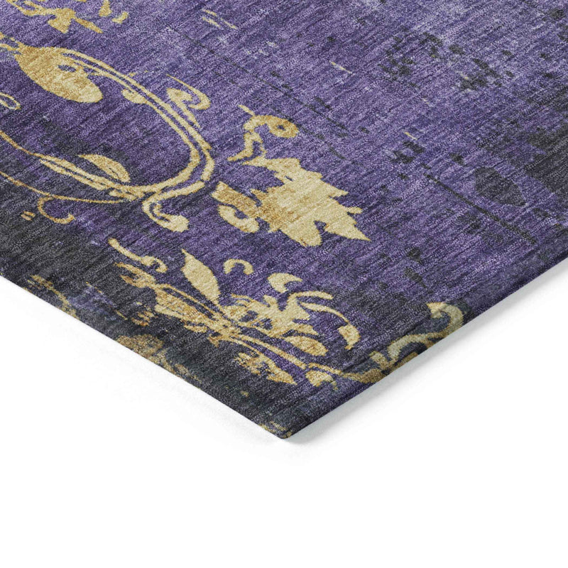 8' Purple And Gold Round Floral Washable Indoor Outdoor Area Rug