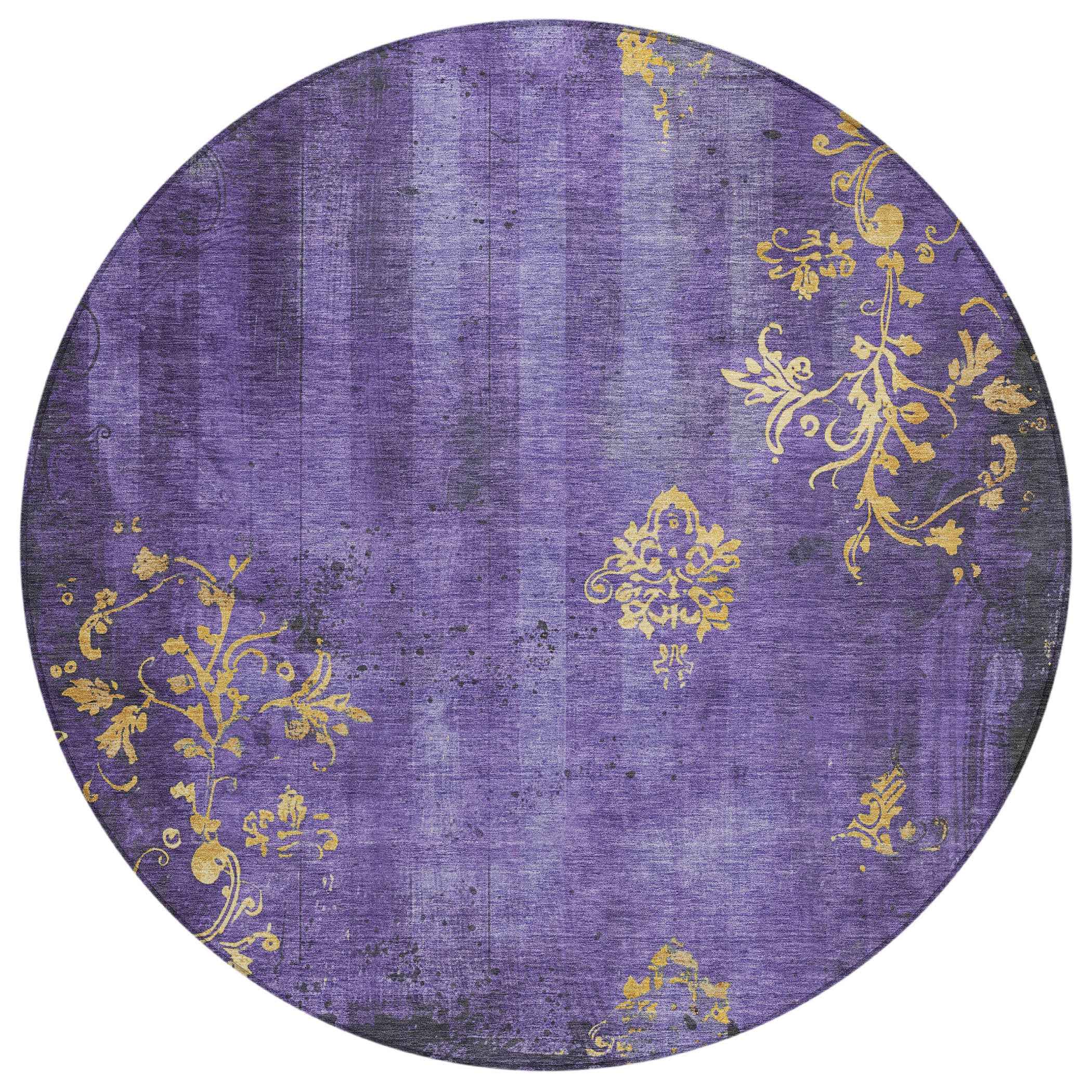8' Purple And Gold Round Floral Washable Indoor Outdoor Area Rug