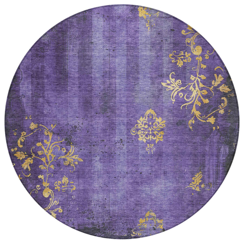 8' Purple And Gold Round Floral Washable Indoor Outdoor Area Rug