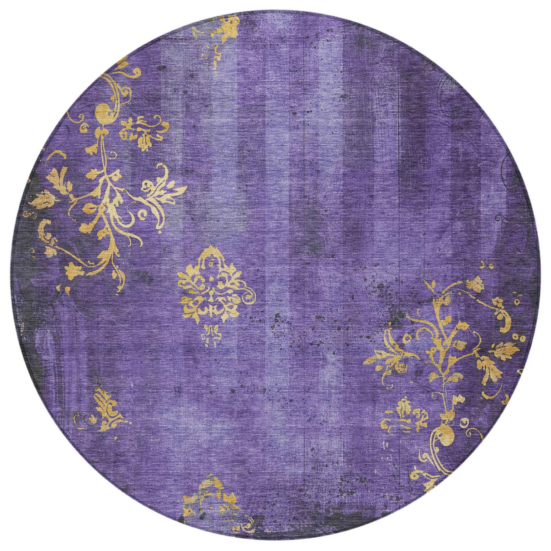8' Purple And Gold Round Floral Washable Indoor Outdoor Area Rug