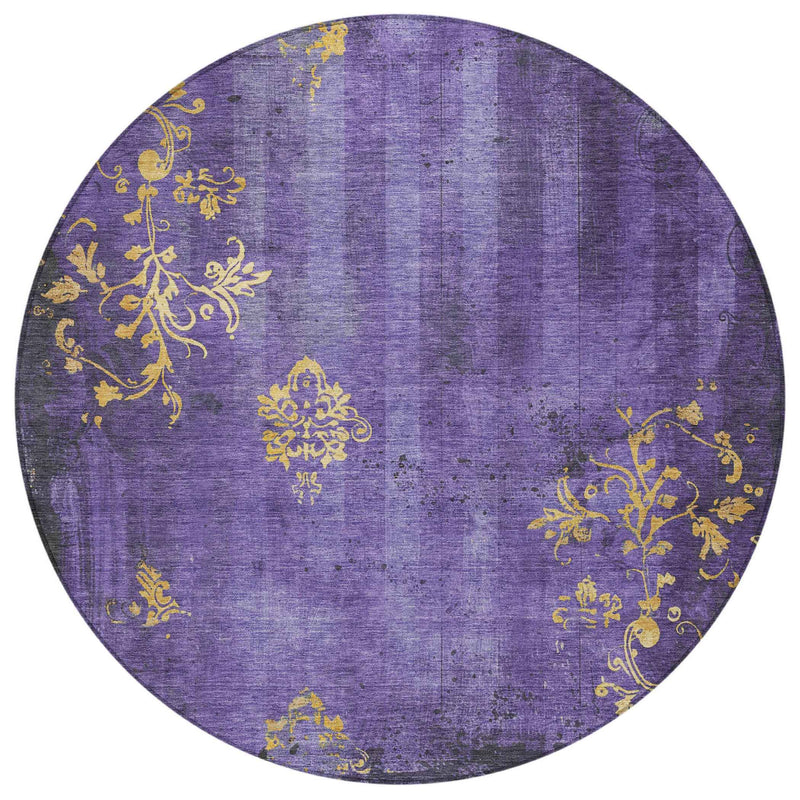 8' Purple And Gold Round Floral Washable Indoor Outdoor Area Rug