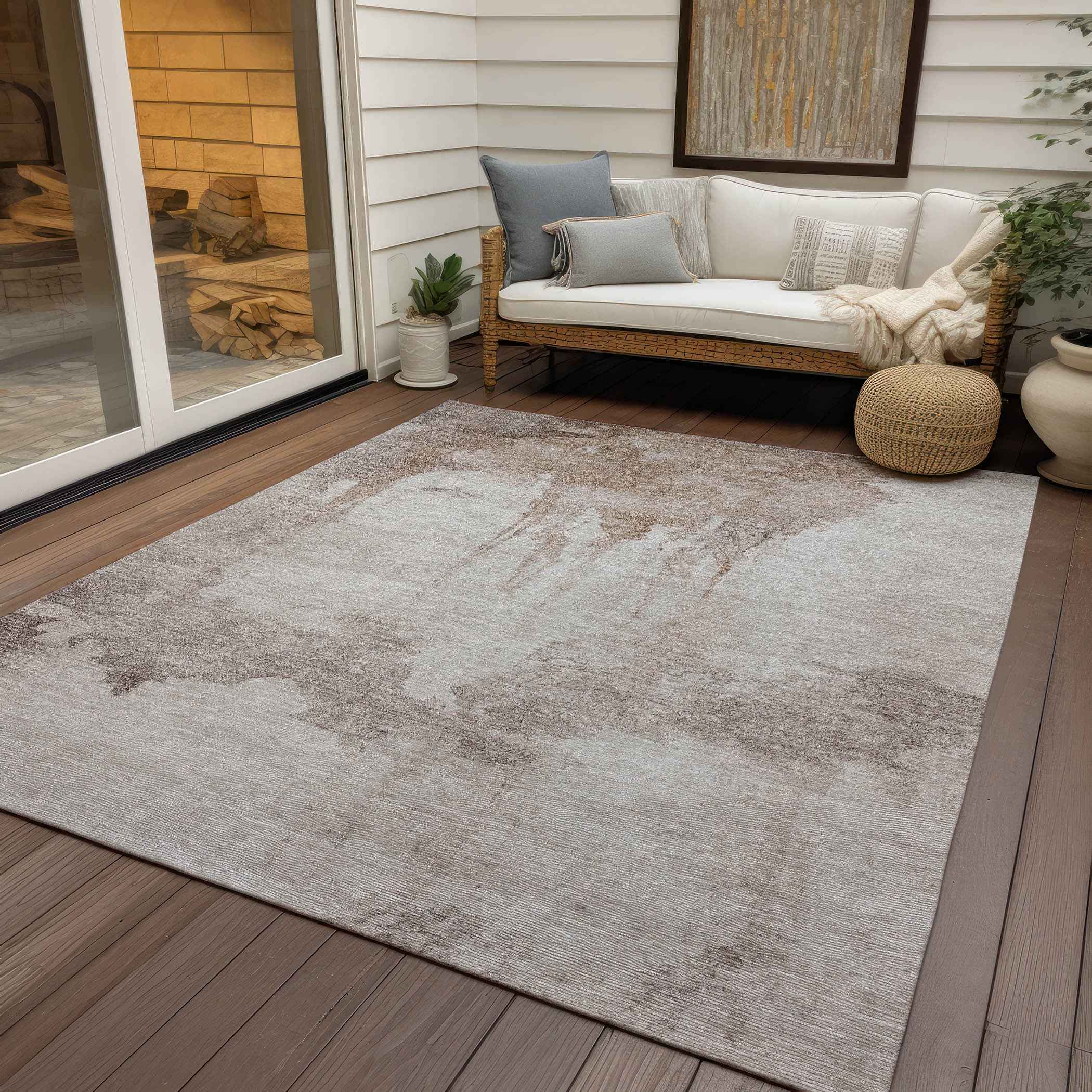 3' X 5' Taupe And Ivory Abstract Washable Indoor Outdoor Area Rug