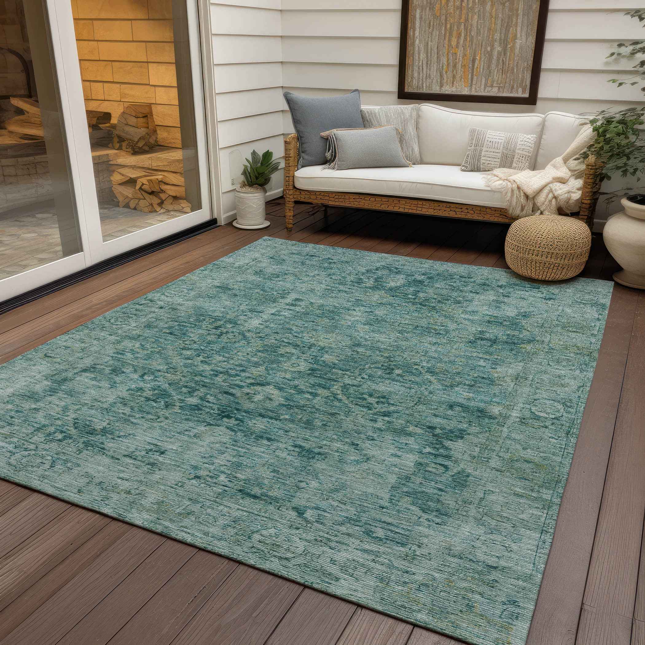 5' X 8' Teal Blue And Olive Green Abstract Washable Indoor Outdoor Area Rug