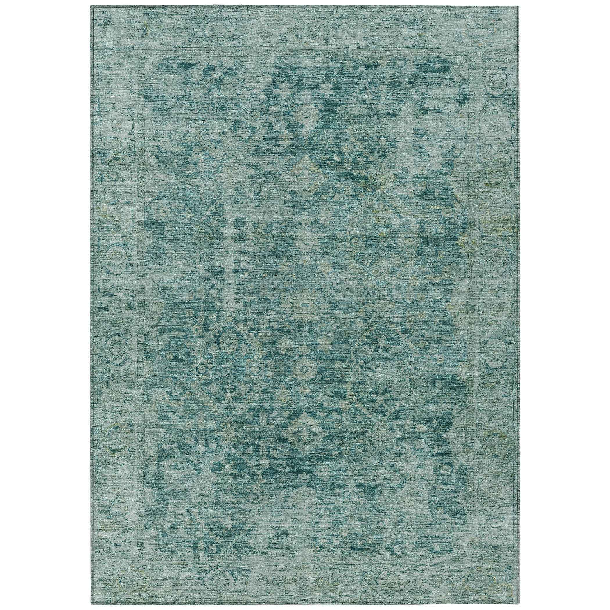 5' X 8' Teal Blue And Olive Green Abstract Washable Indoor Outdoor Area Rug
