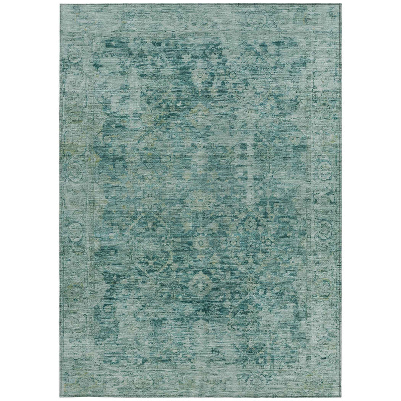 5' X 8' Teal Blue And Olive Green Abstract Washable Indoor Outdoor Area Rug