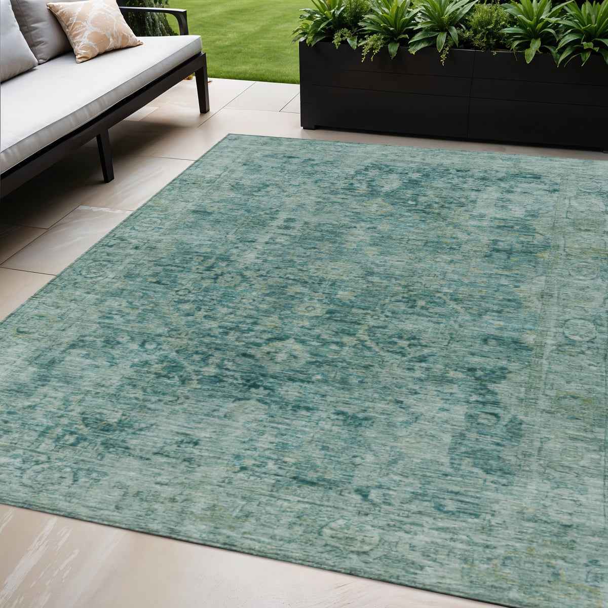 5' X 8' Teal Blue And Olive Green Abstract Washable Indoor Outdoor Area Rug