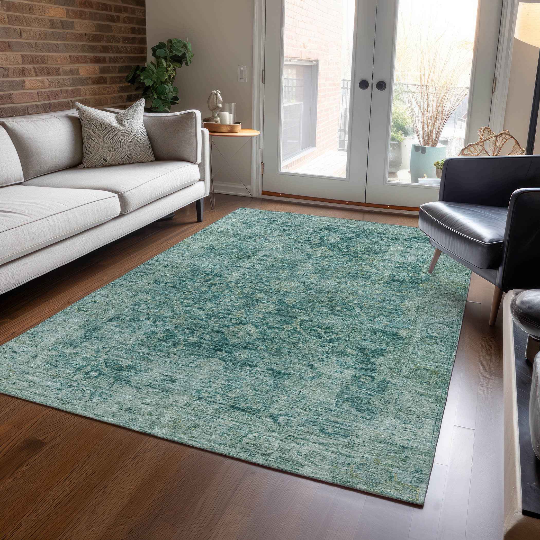 5' X 8' Teal Blue And Olive Green Abstract Washable Indoor Outdoor Area Rug