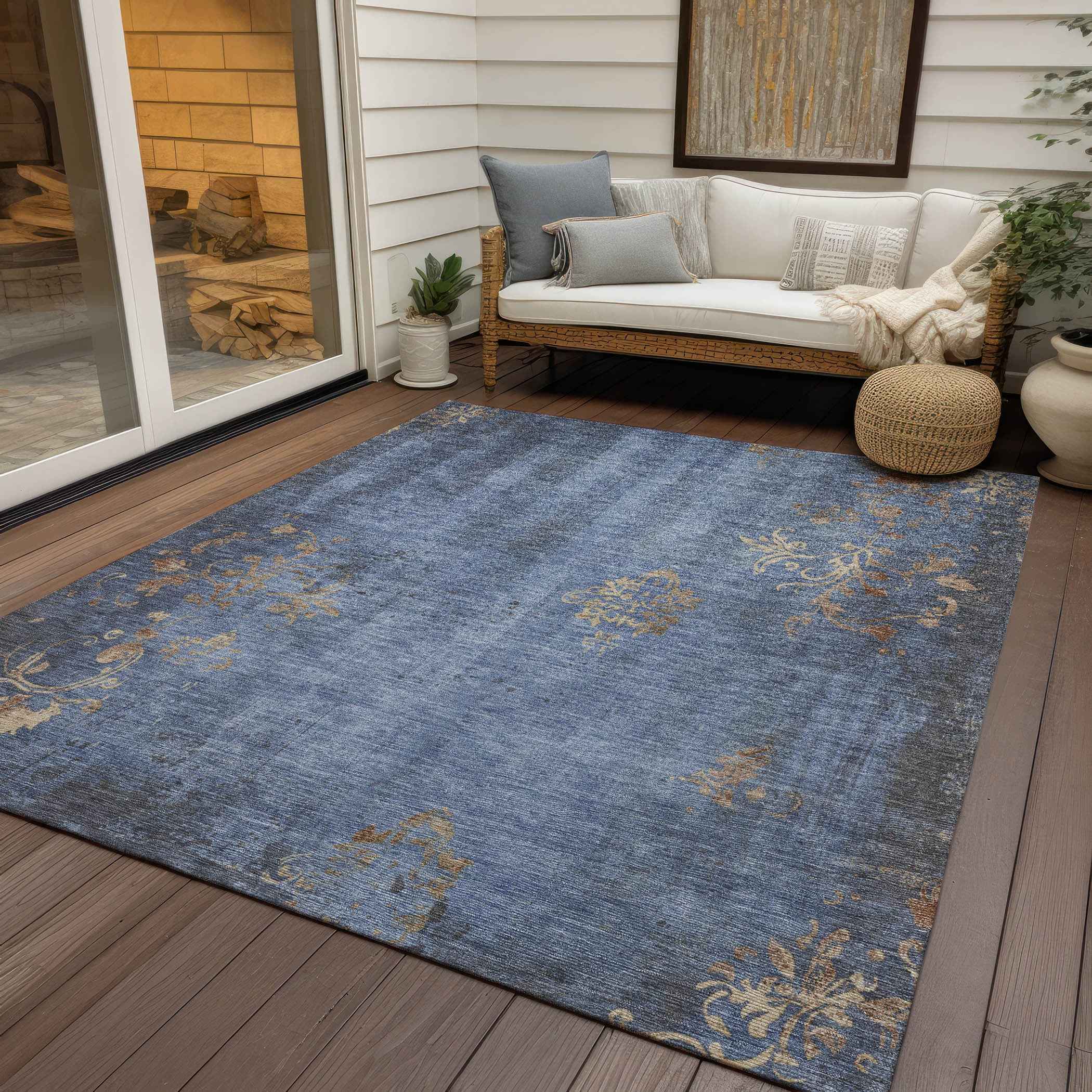 8' X 10' Denim Blue And Beige Floral Washable Indoor Outdoor Area Rug