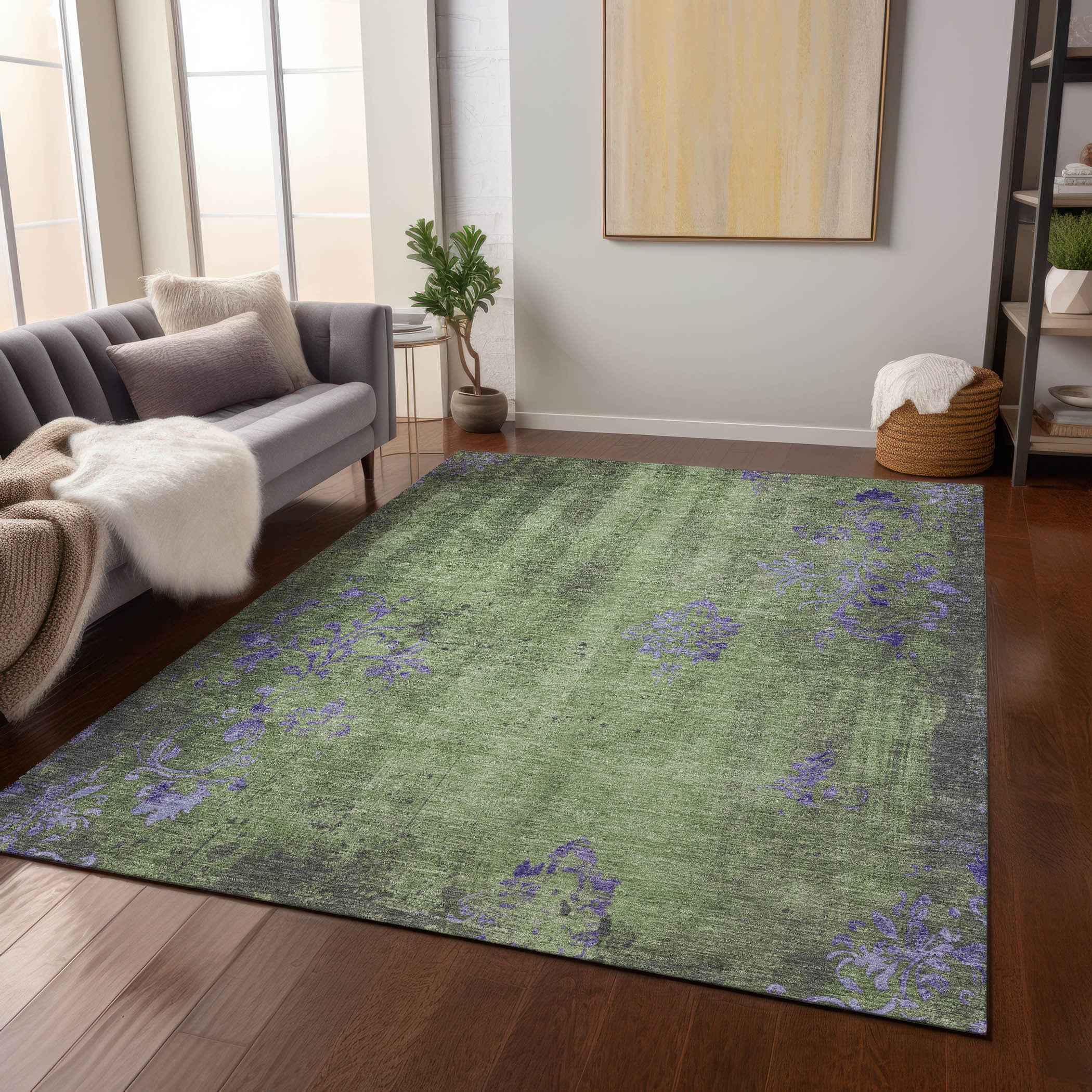 8' X 10' Artichoke Green And Purple Floral Washable Indoor Outdoor Area Rug