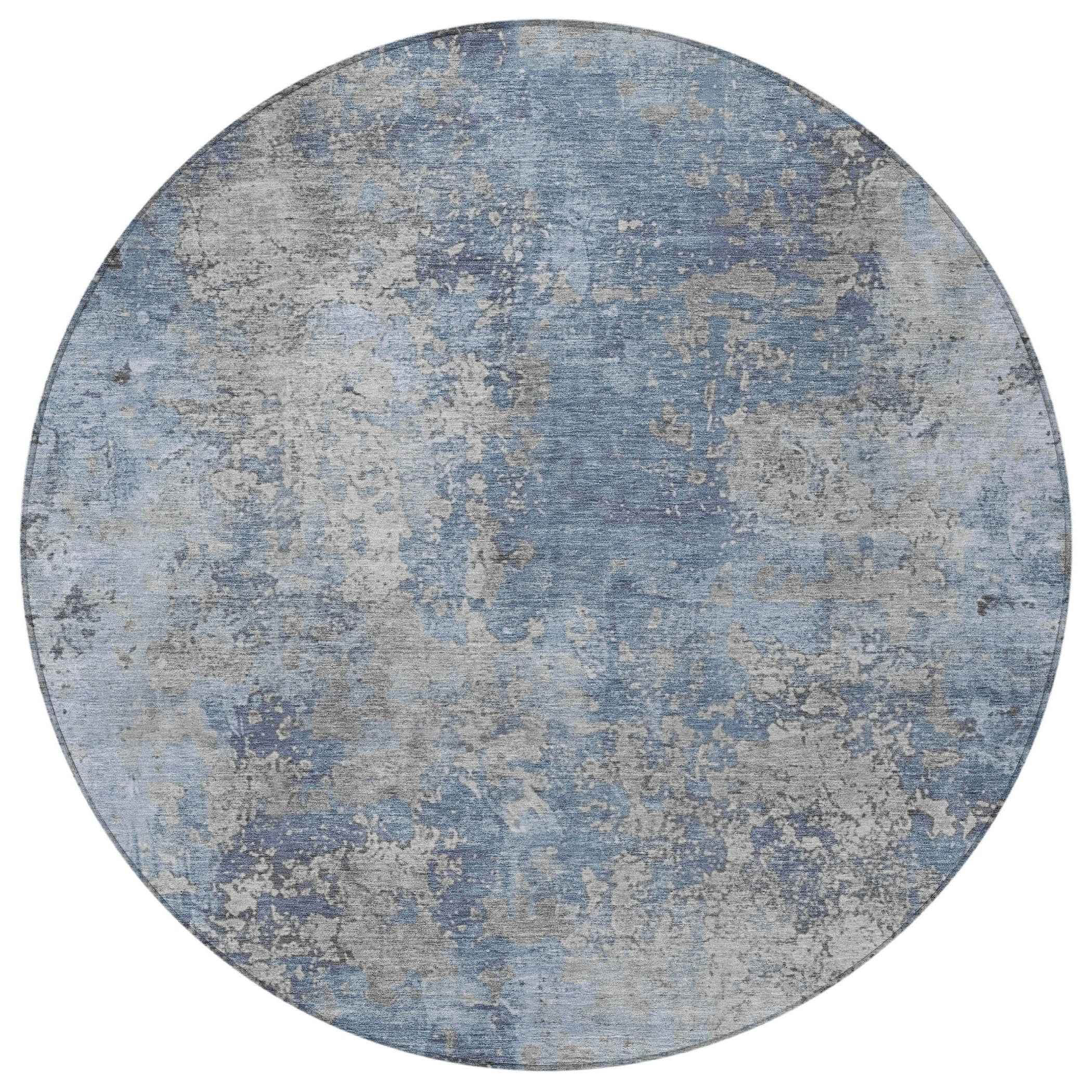 8' Denim Blue And Silver Round Abstract Washable Indoor Outdoor Area Rug