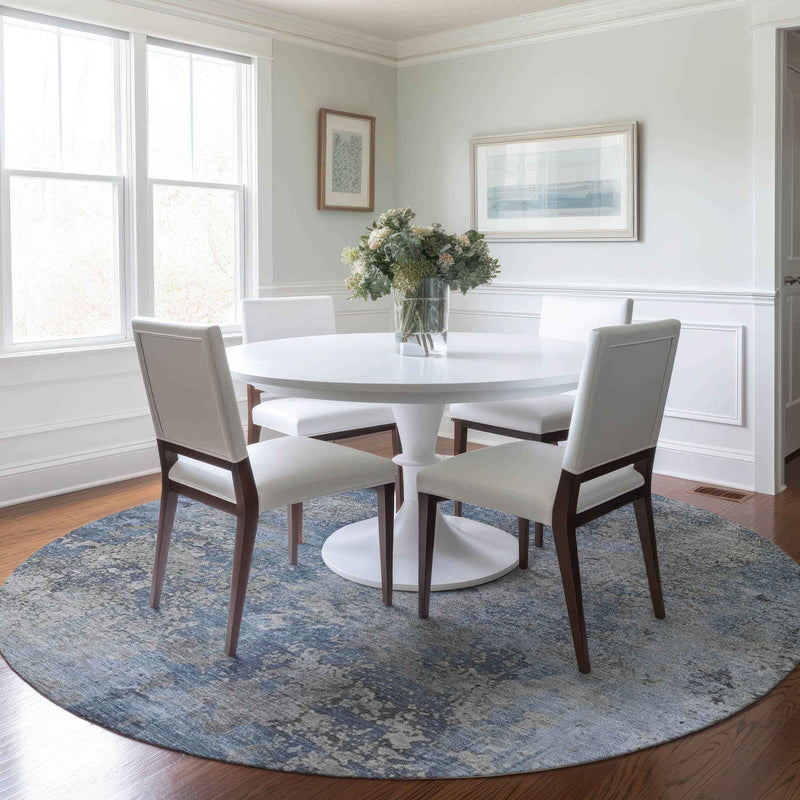 8' Denim Blue And Silver Round Abstract Washable Indoor Outdoor Area Rug