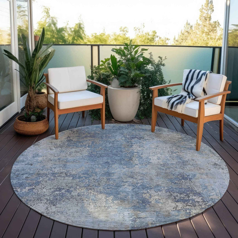 8' Denim Blue And Silver Round Abstract Washable Indoor Outdoor Area Rug