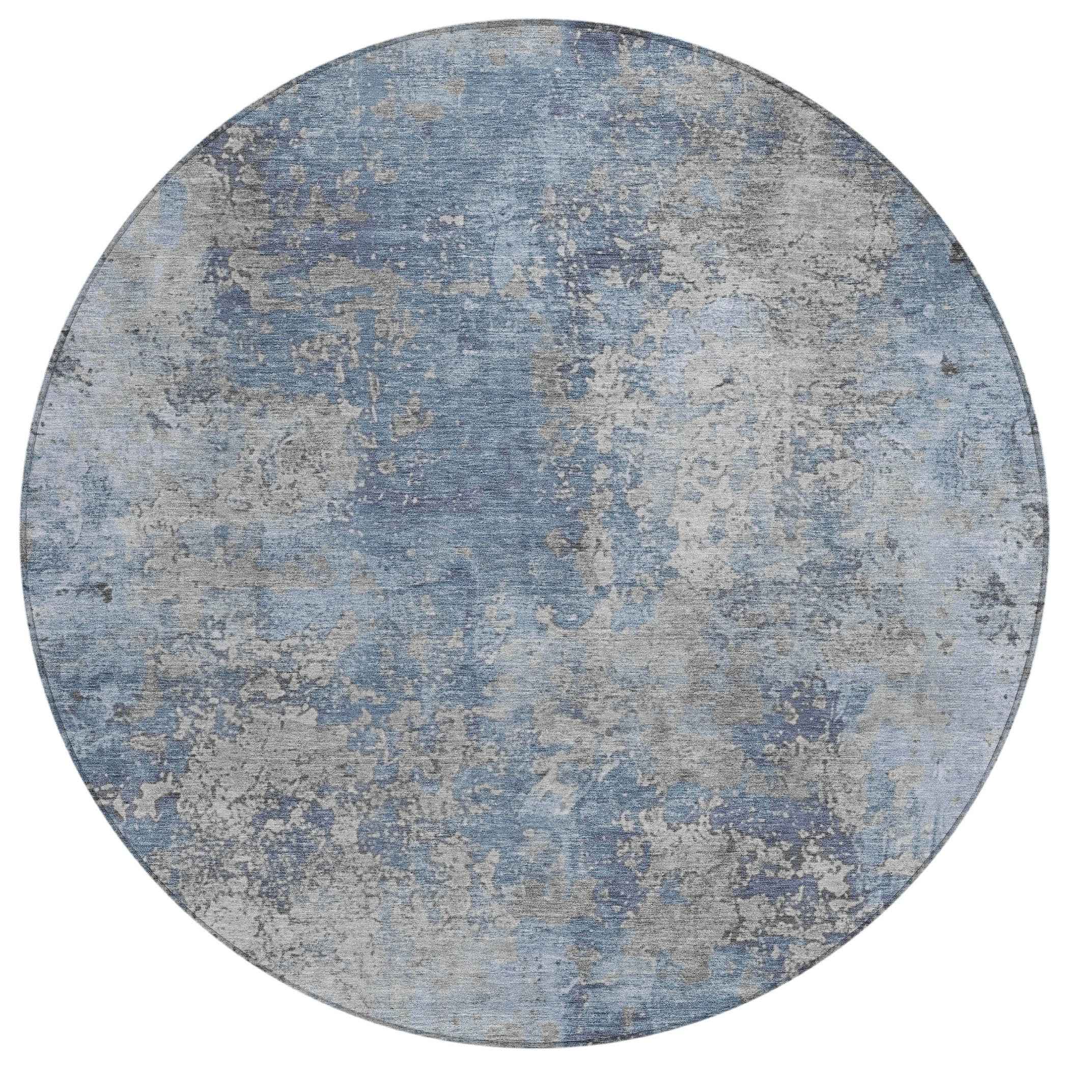 8' Denim Blue And Silver Round Abstract Washable Indoor Outdoor Area Rug