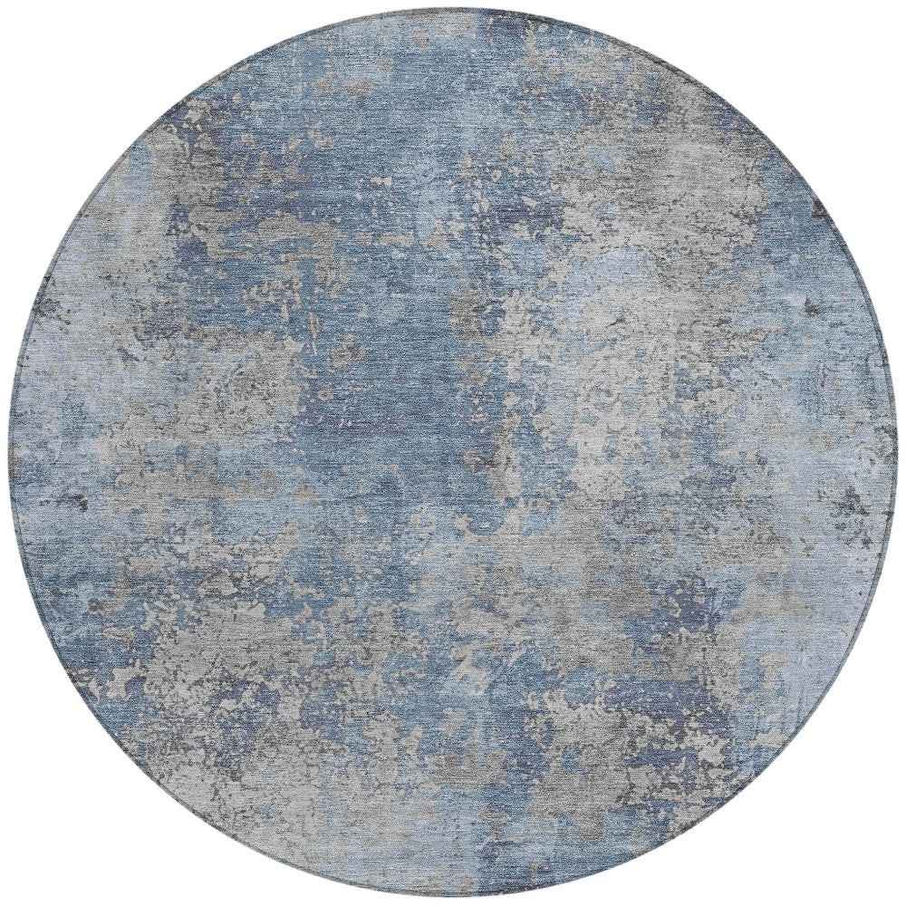 8' Denim Blue And Silver Round Abstract Washable Indoor Outdoor Area Rug