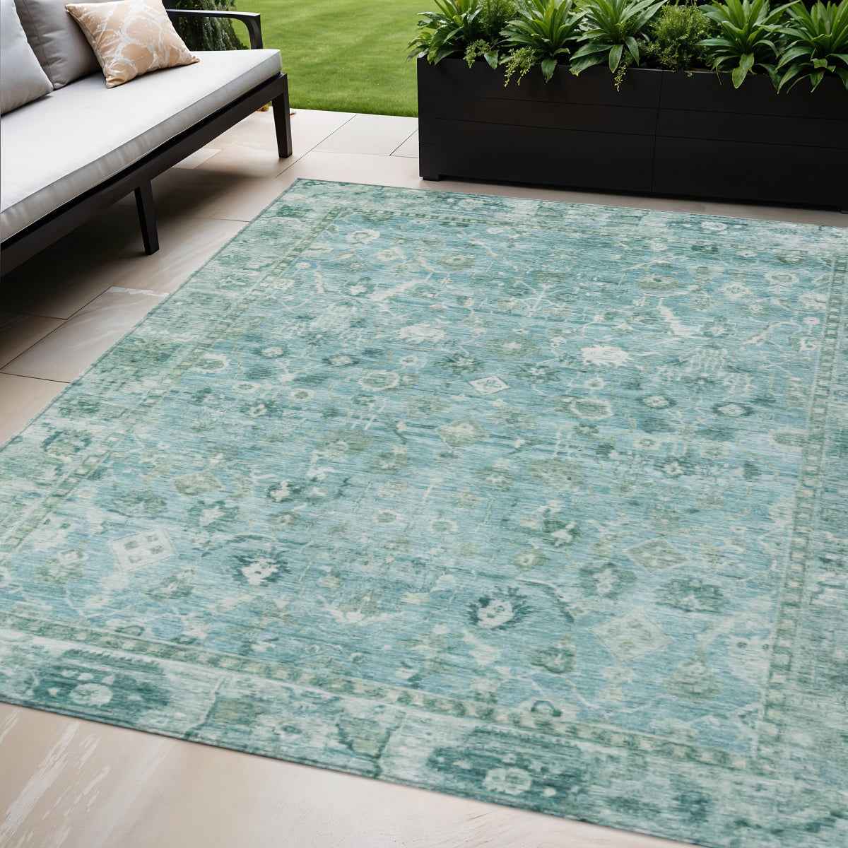 5' X 8' Blue Gray And Ivory Oriental Washable Indoor Outdoor Area Rug