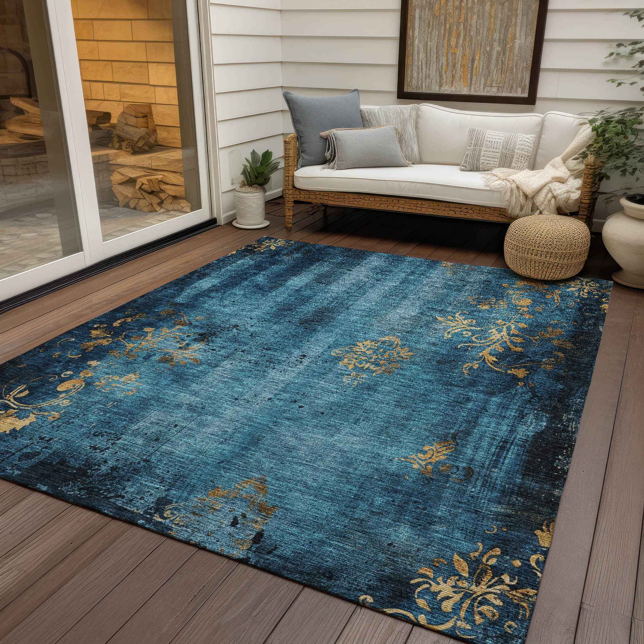 3' X 5' Blue And Gold Floral Washable Indoor Outdoor Area Rug