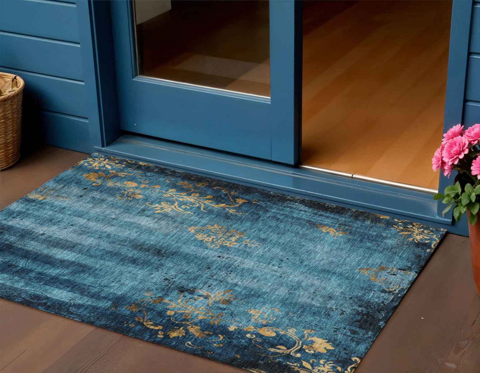 3' X 5' Blue And Gold Floral Washable Indoor Outdoor Area Rug
