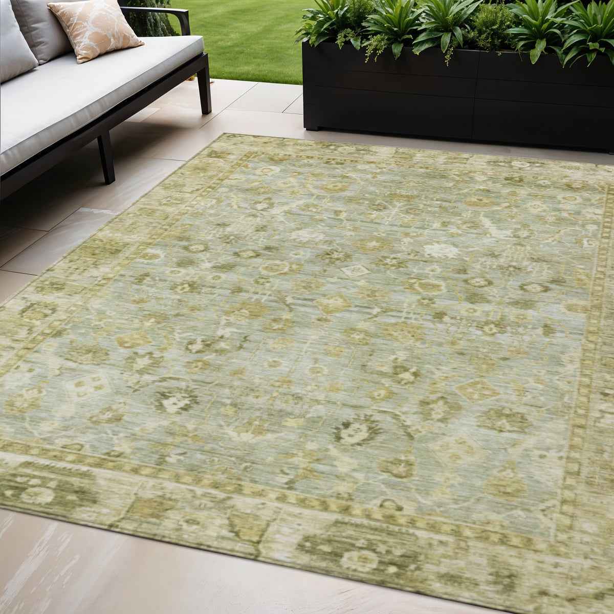 5' X 8' Sage And Ivory Oriental Washable Indoor Outdoor Area Rug