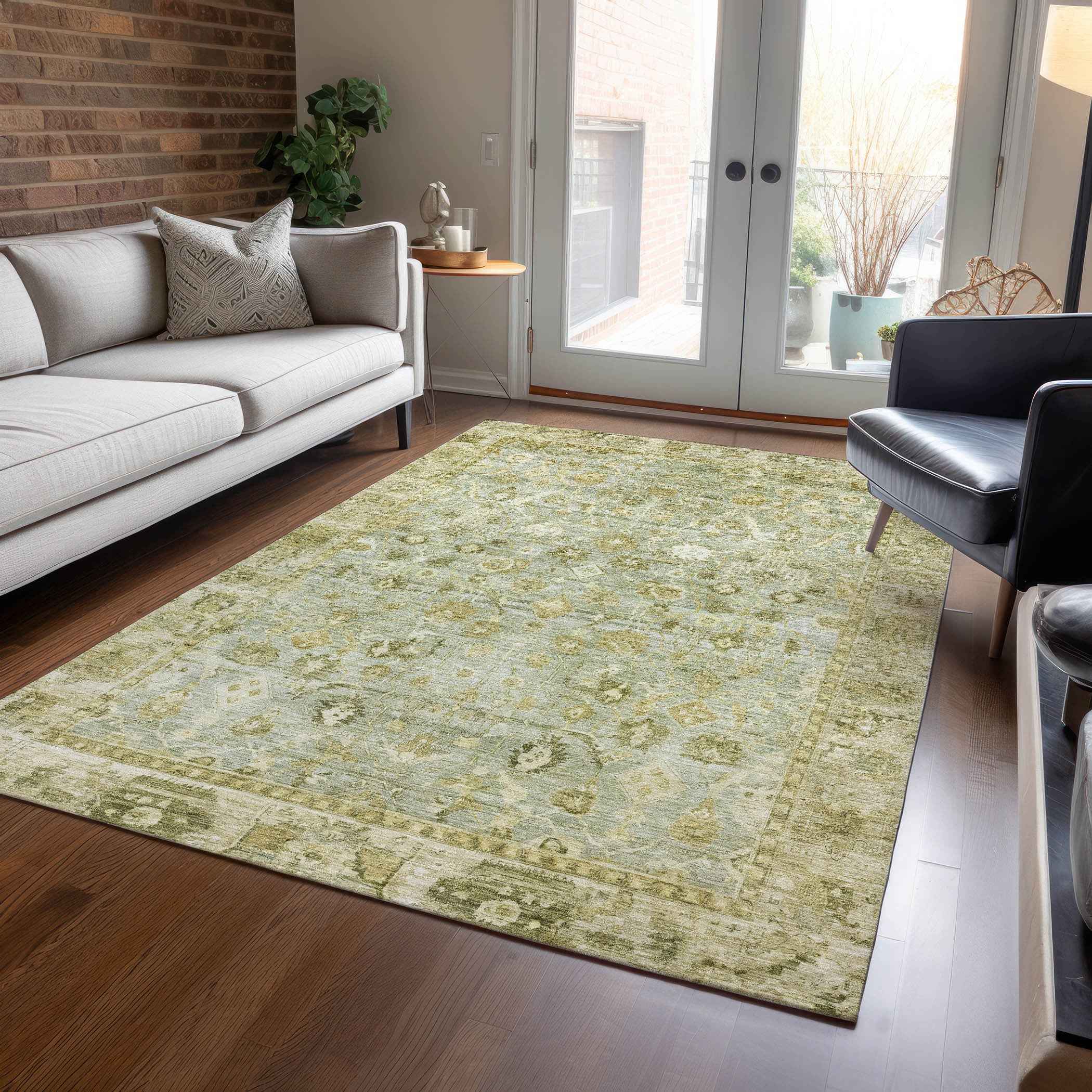 5' X 8' Sage And Ivory Oriental Washable Indoor Outdoor Area Rug