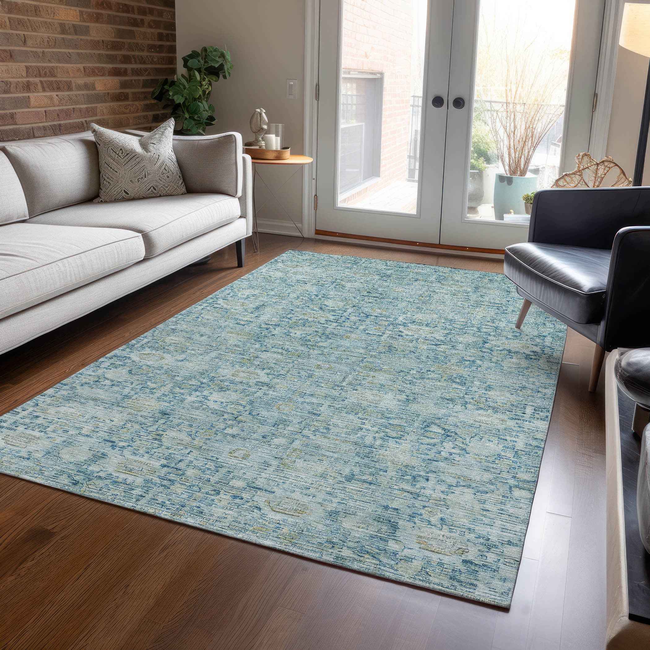 10' X 14' Blue And Ivory Oriental Washable Indoor Outdoor Area Rug