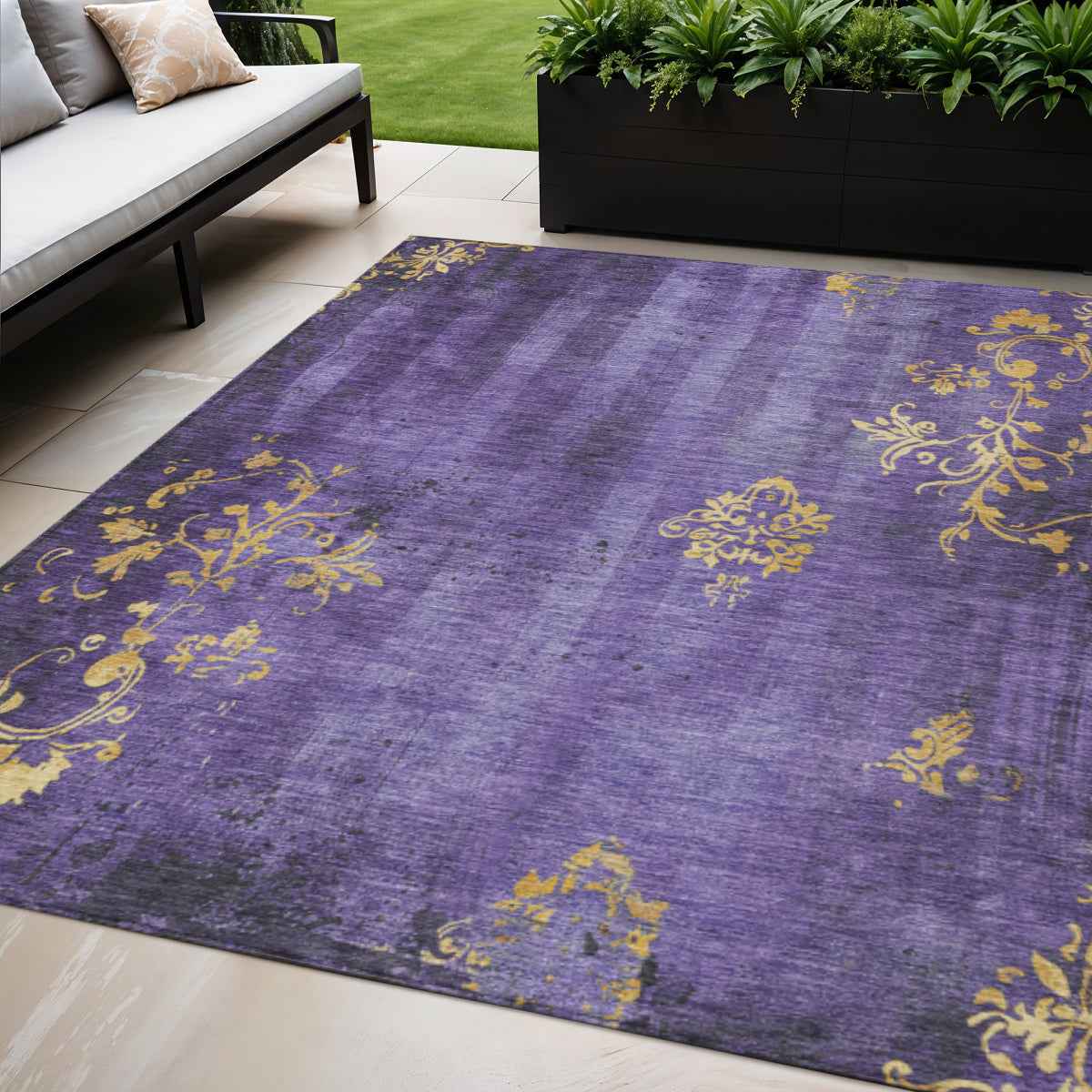 5' X 8' Purple And Gold Floral Washable Indoor Outdoor Area Rug
