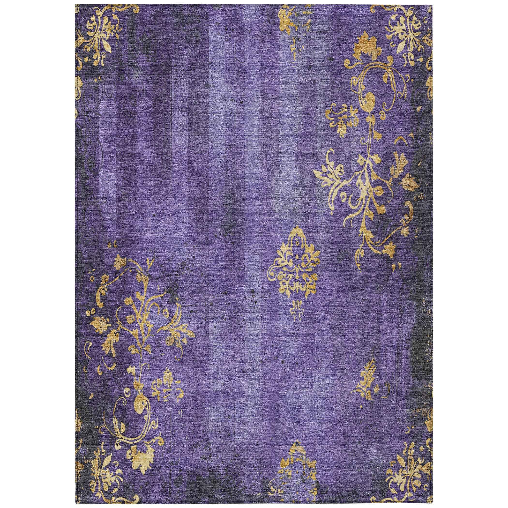 5' X 8' Purple And Gold Floral Washable Indoor Outdoor Area Rug
