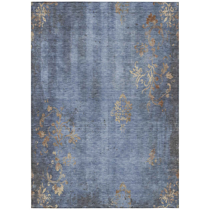 9' X 12' Denim Blue And Beige Floral Washable Indoor Outdoor Area Rug