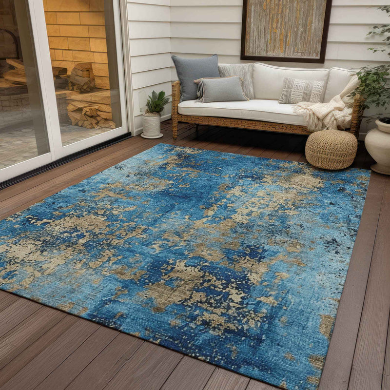 9' X 12' Blue And Beige Abstract Washable Indoor Outdoor Area Rug