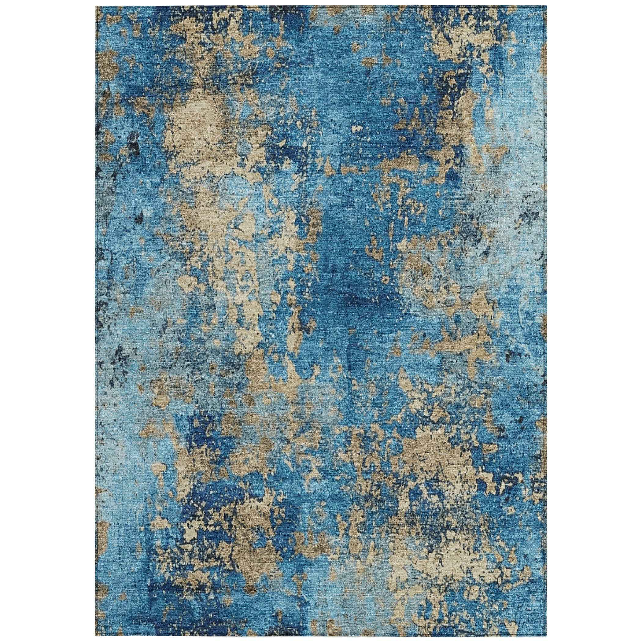9' X 12' Blue And Beige Abstract Washable Indoor Outdoor Area Rug