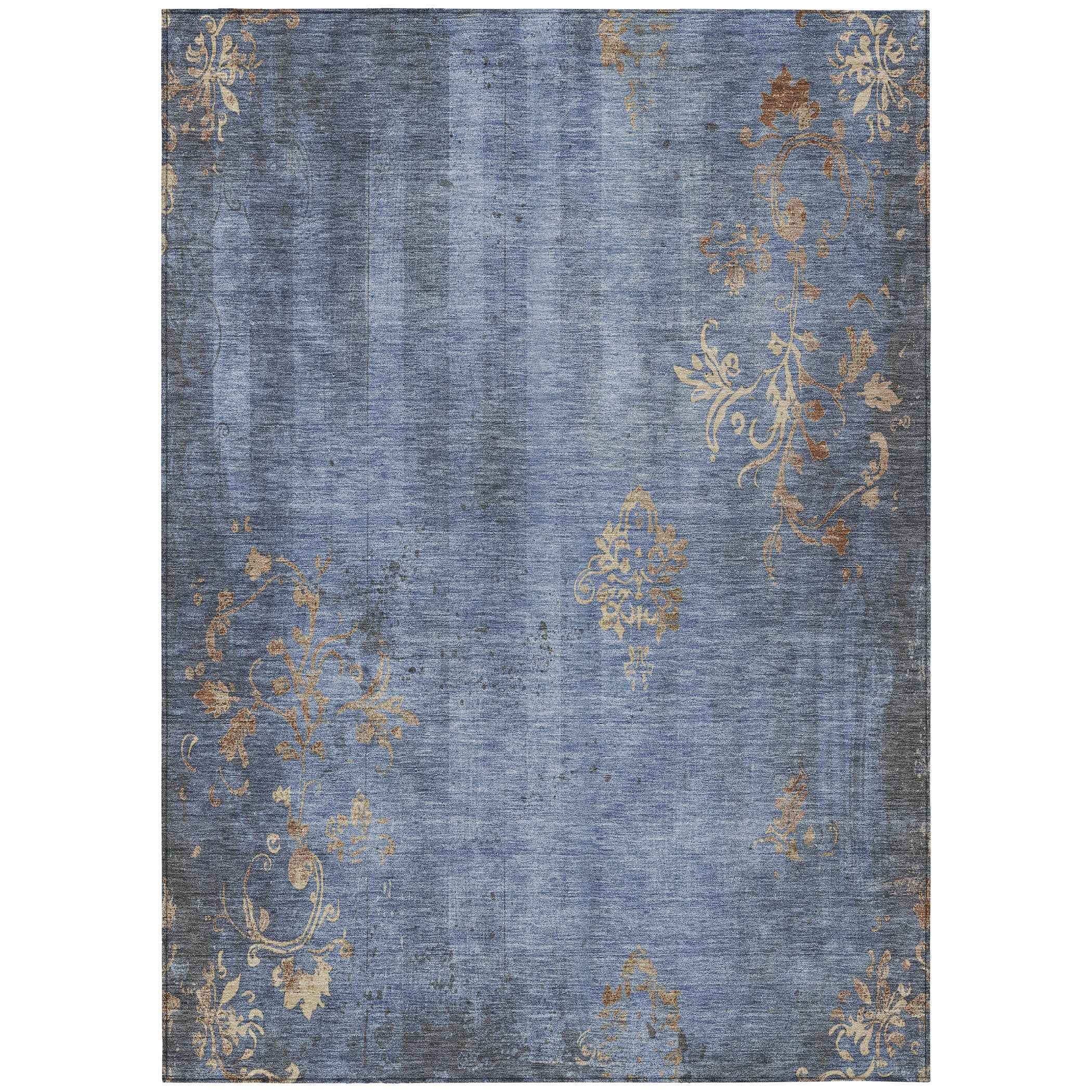 3' X 5' Denim Blue And Beige Floral Washable Indoor Outdoor Area Rug