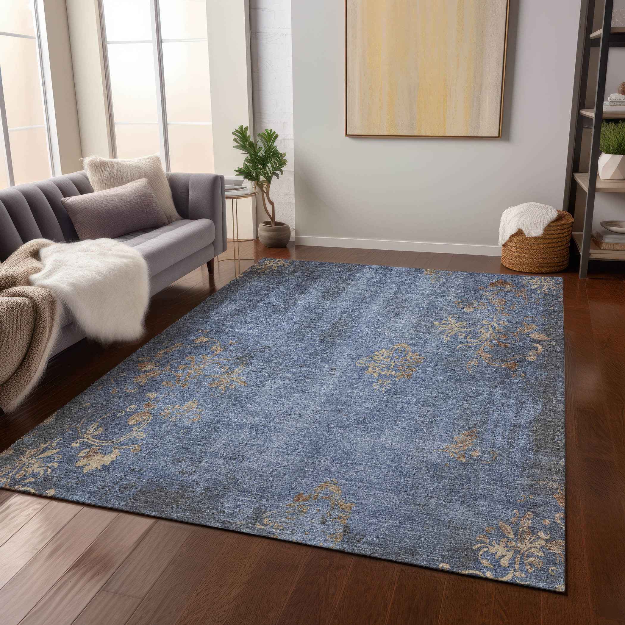 3' X 5' Denim Blue And Beige Floral Washable Indoor Outdoor Area Rug