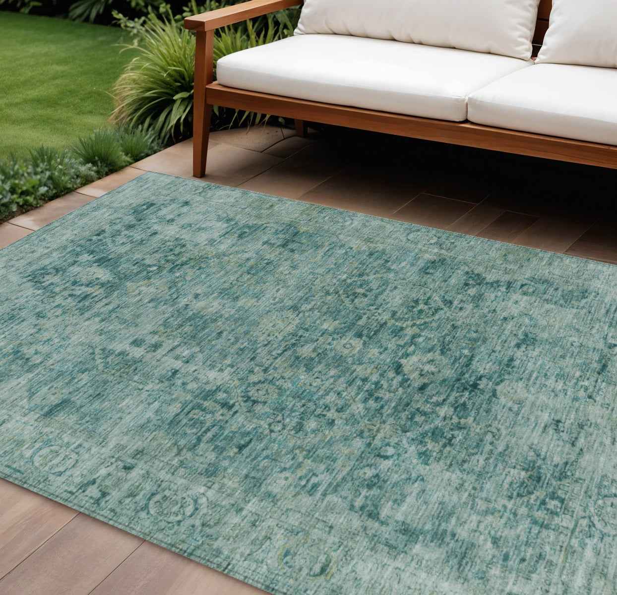 3' X 5' Artichoke Green And Teal Blue Oriental Washable Indoor Outdoor Area Rug