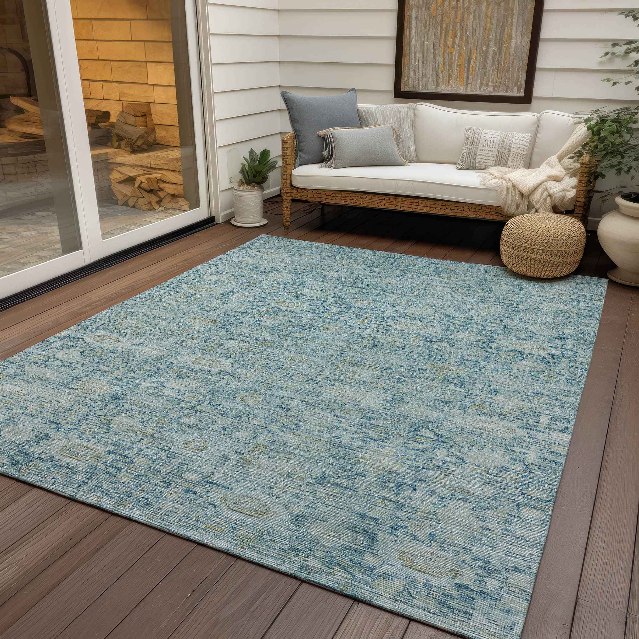 5' X 8' Blue And Ivory Oriental Washable Indoor Outdoor Area Rug