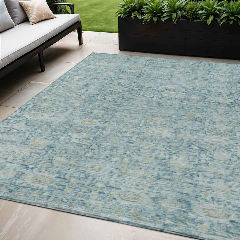 5' X 8' Blue And Ivory Oriental Washable Indoor Outdoor Area Rug