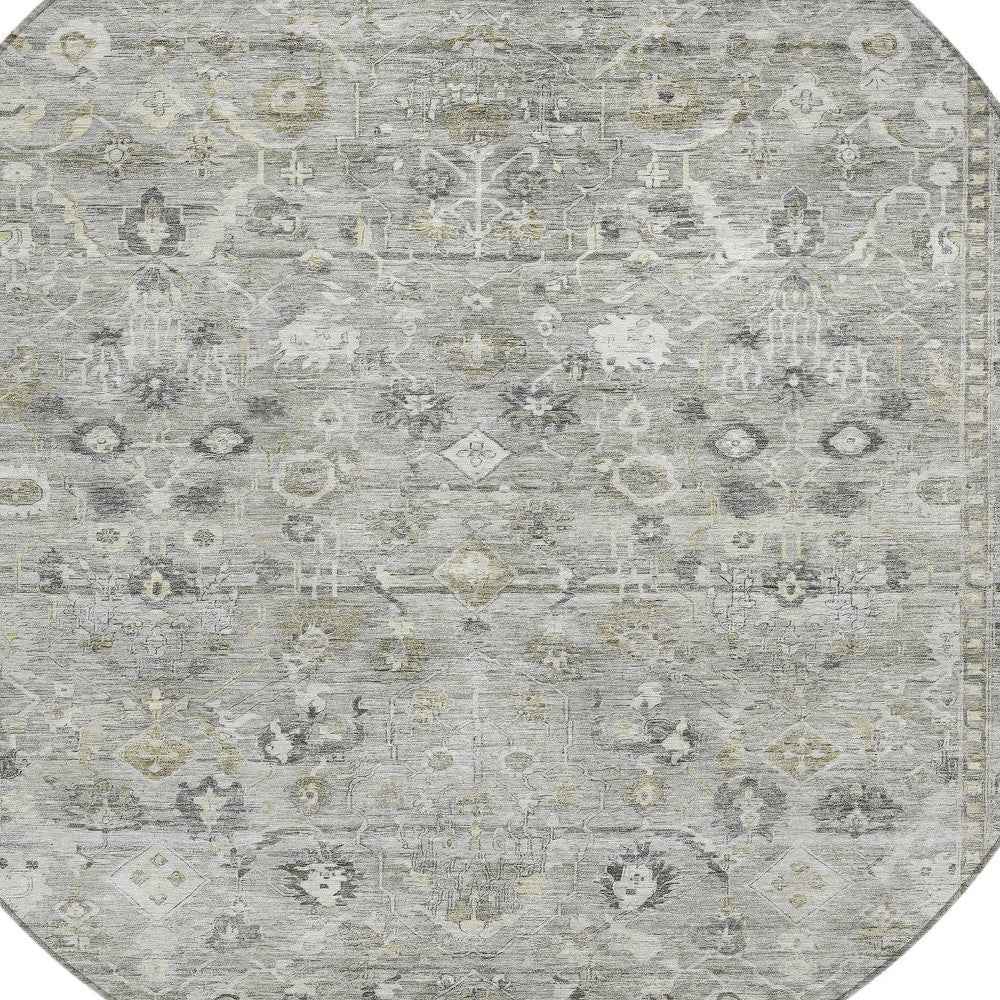8' Pewter Beige And Ivory Round Oriental Washable Indoor Outdoor Area Rug