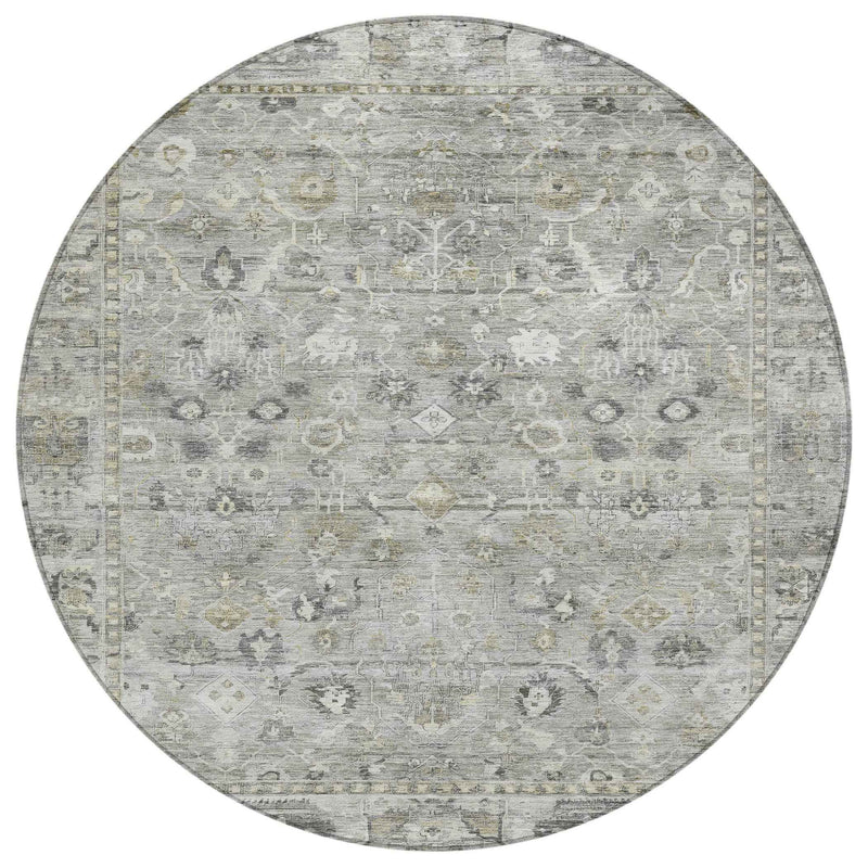 8' Pewter Beige And Ivory Round Oriental Washable Indoor Outdoor Area Rug