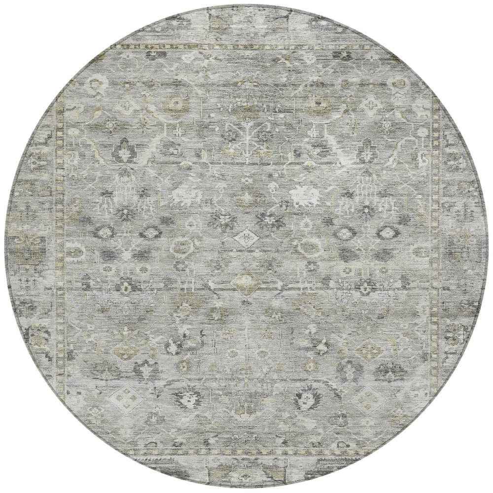 8' Pewter Beige And Ivory Round Oriental Washable Indoor Outdoor Area Rug
