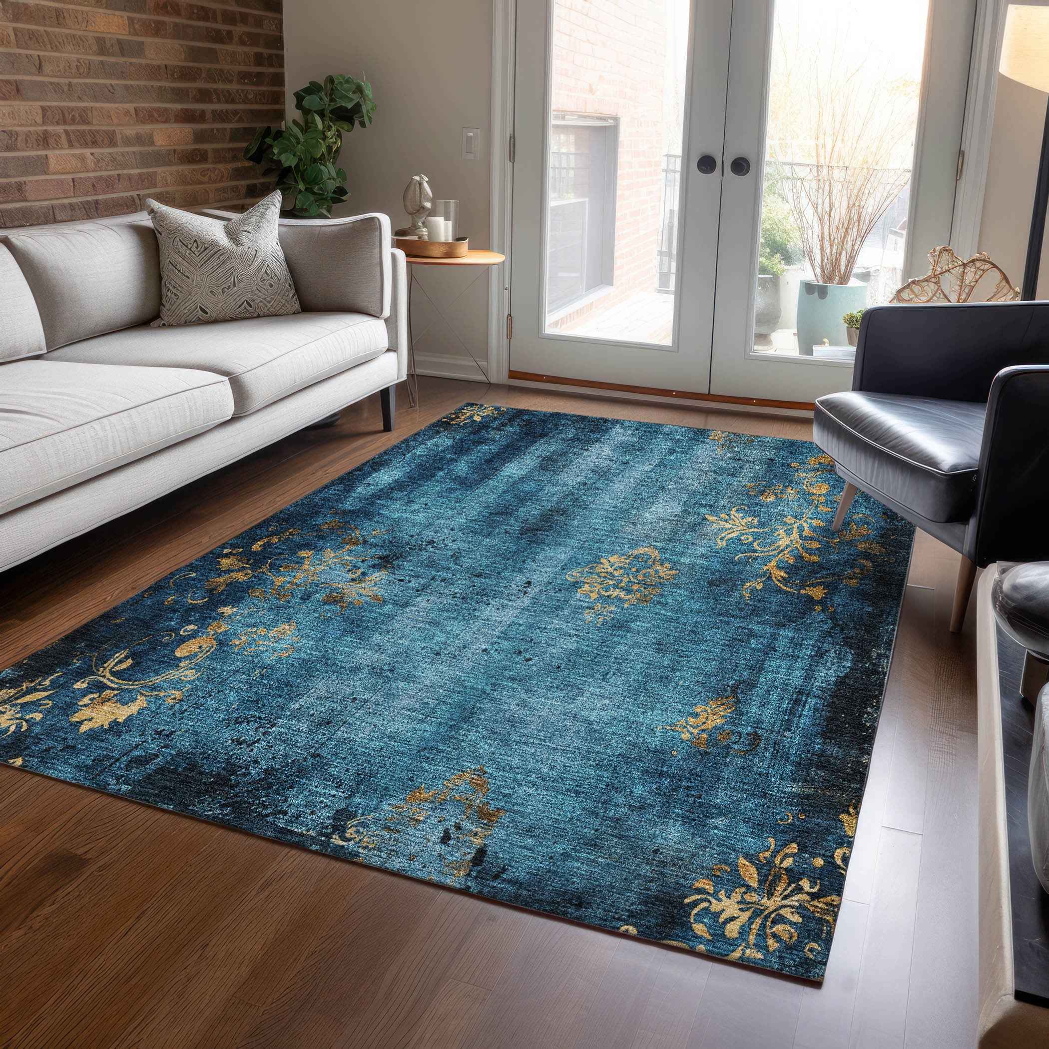 9' X 12' Blue And Gold Floral Washable Indoor Outdoor Area Rug