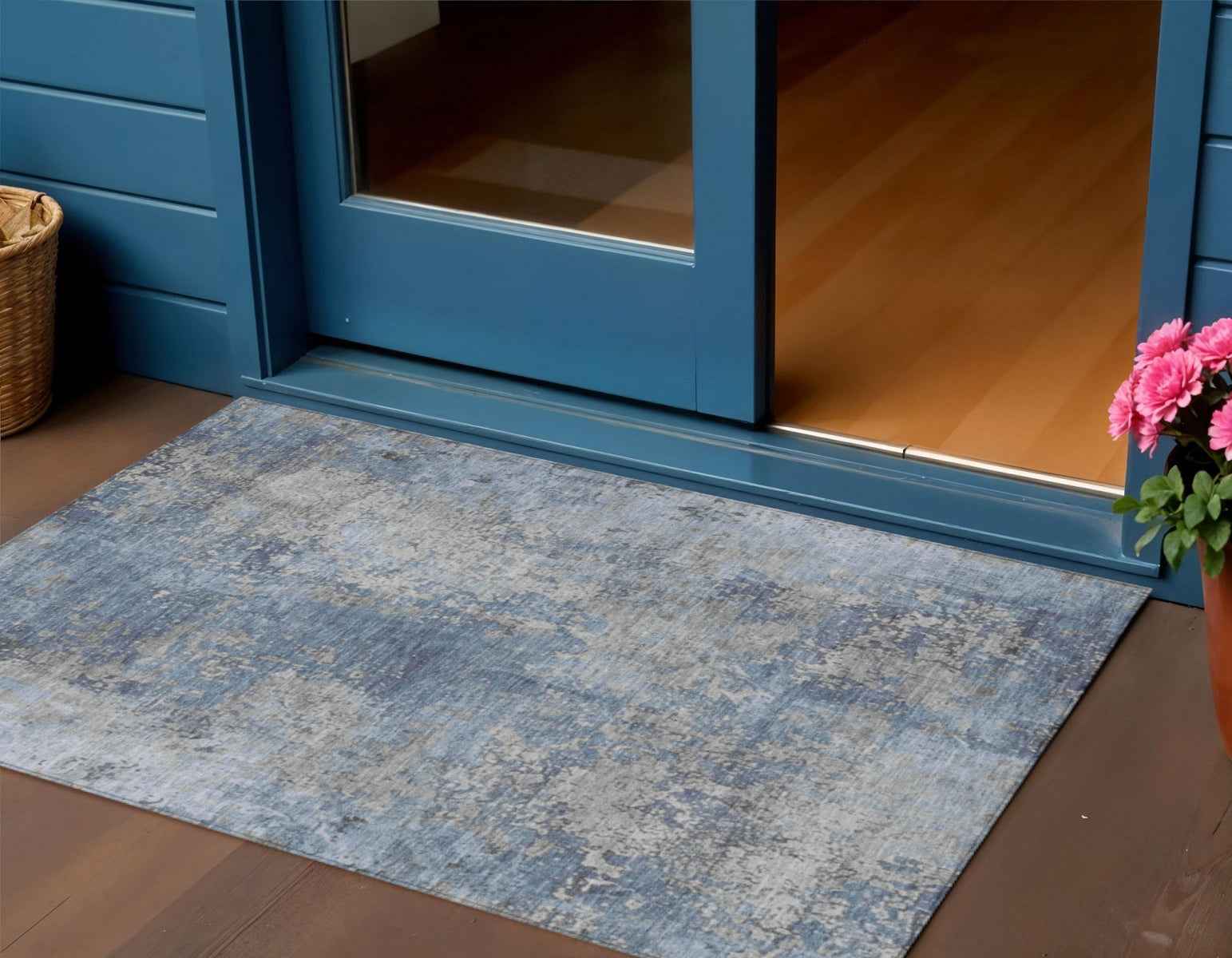 3' X 5' Denim Blue And Silver Abstract Washable Indoor Outdoor Area Rug