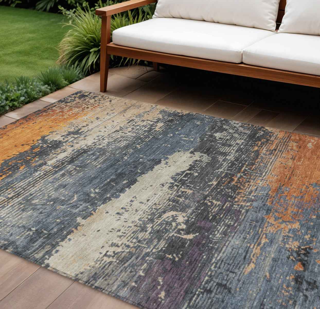9' X 12' Blue Gray And Orange Abstract Washable Indoor Outdoor Area Rug