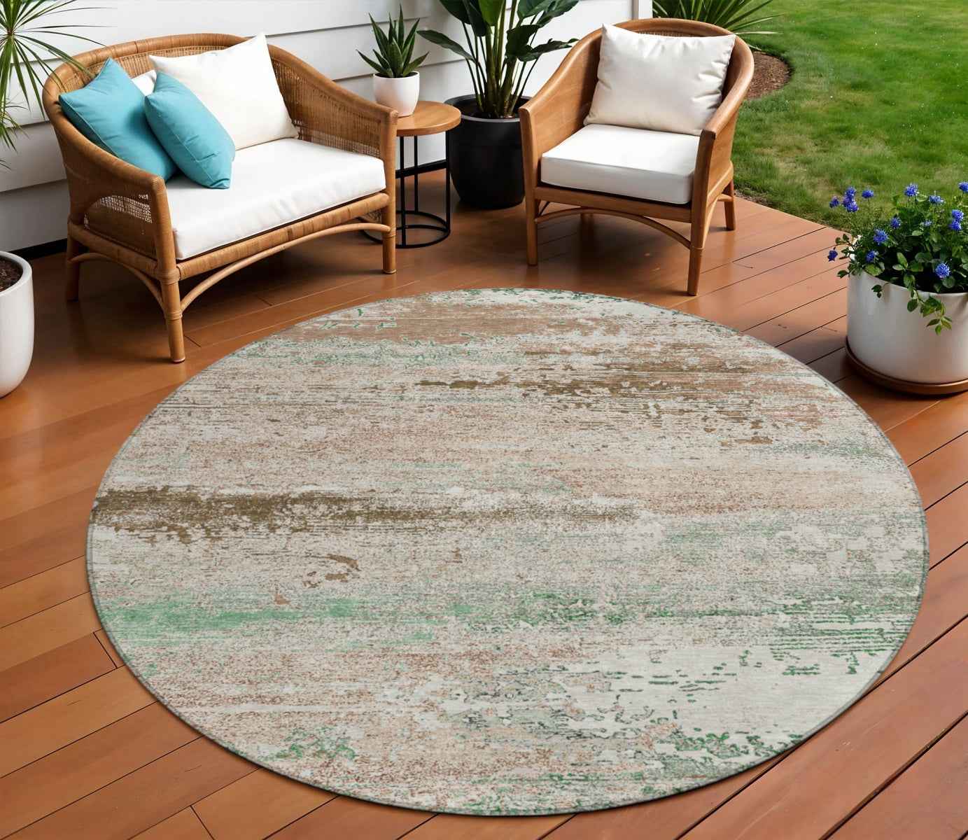 8' Khaki Beige And Ivory Round Abstract Washable Indoor Outdoor Area Rug