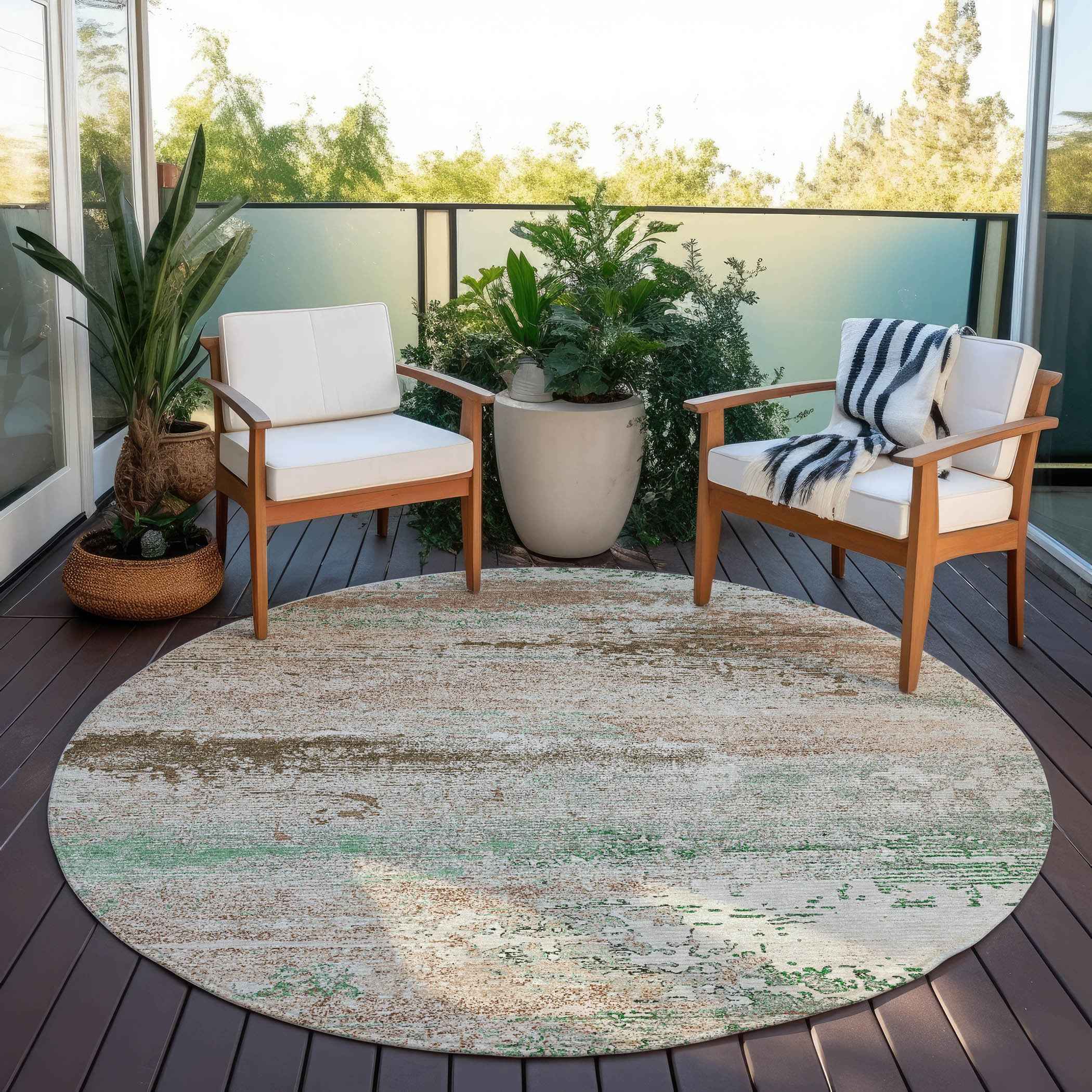 8' Khaki Beige And Ivory Round Abstract Washable Indoor Outdoor Area Rug