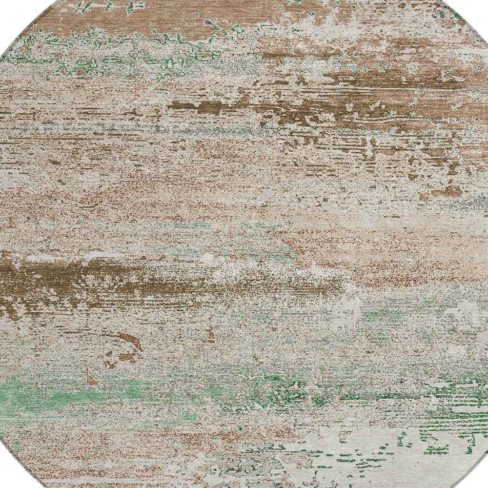 8' Khaki Beige And Ivory Round Abstract Washable Indoor Outdoor Area Rug