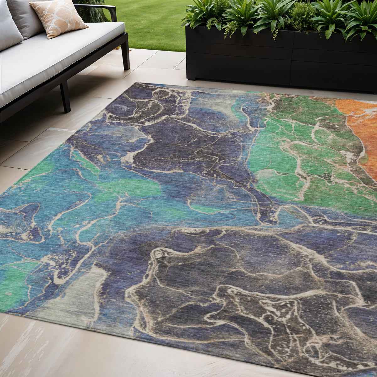 5' X 8' Blue Green And Orange Abstract Washable Indoor Outdoor Area Rug