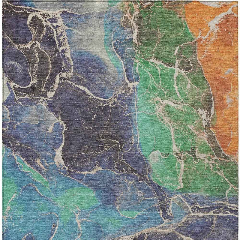 5' X 8' Blue Green And Orange Abstract Washable Indoor Outdoor Area Rug
