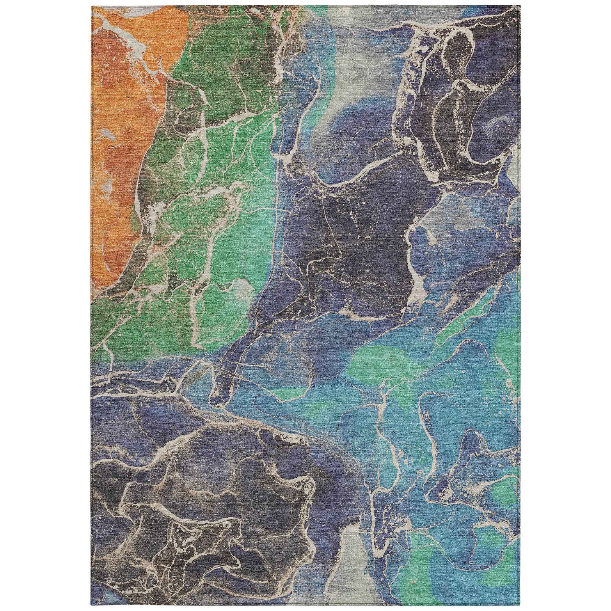 5' X 8' Blue Green And Orange Abstract Washable Indoor Outdoor Area Rug